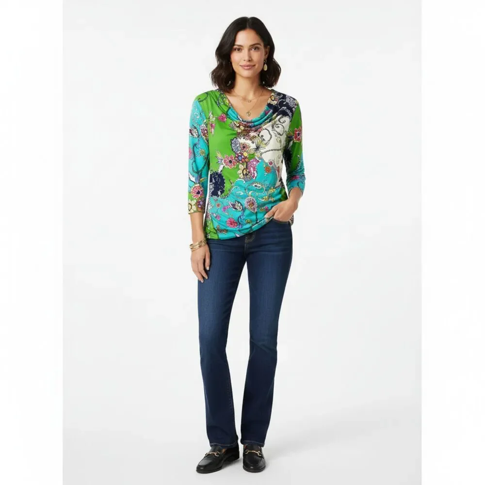 Carmen Marc Valvo Women's  Floral Print Half Sleeve Drape Neck top M - Picture 8 of 8